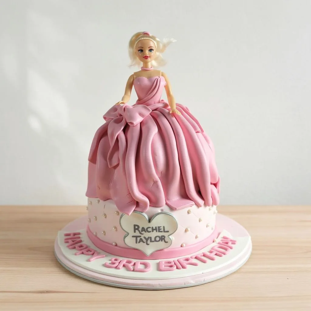 A pink doll dress cake with fondant pleats and pearl decorations on white base