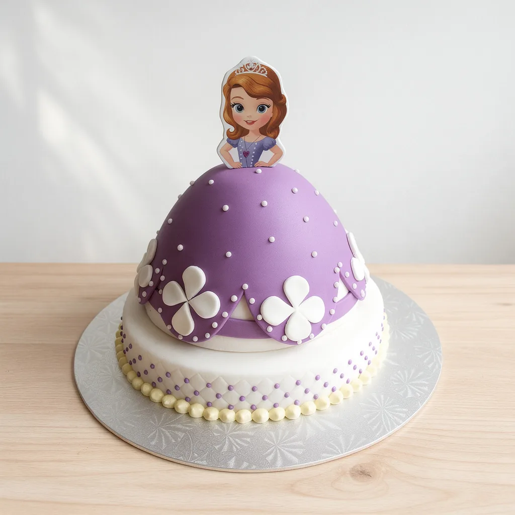 Purple and white princess dress cake with a cartoon princess topper