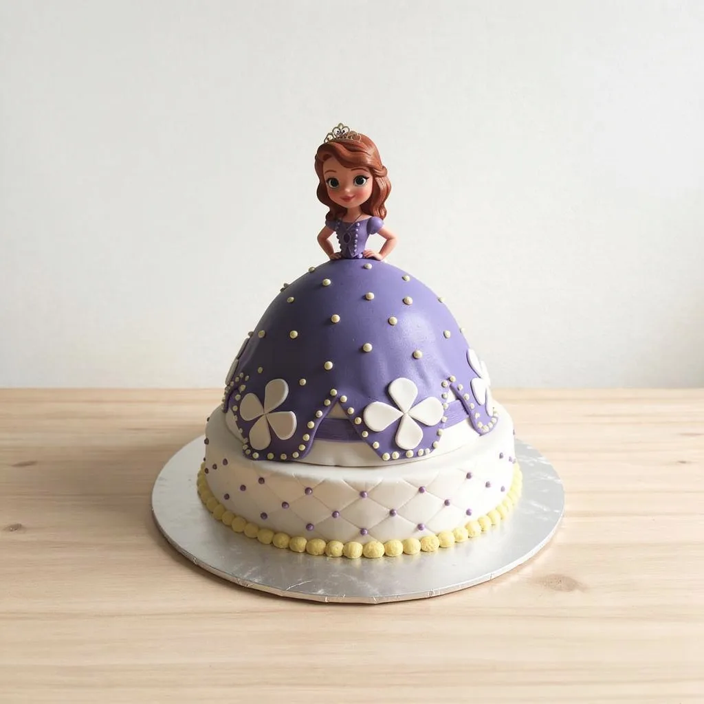 Round princess doll cake with a purple dress decorated with white flowers and yellow trim