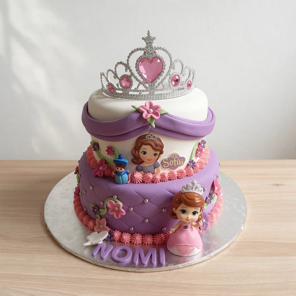 Two-tier cake decorated with pink and purple princess theme and a tiara on top