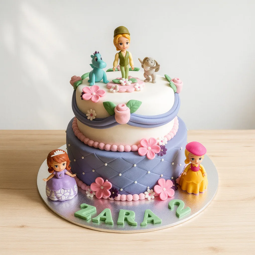Two-tier fondant cake with pastel flowers and doll toppers in princess style