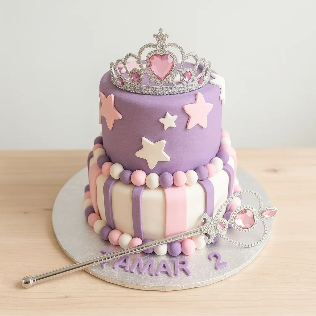 Two-tier cake with lavender, pink, and white decorations plus a silver tiara and wand