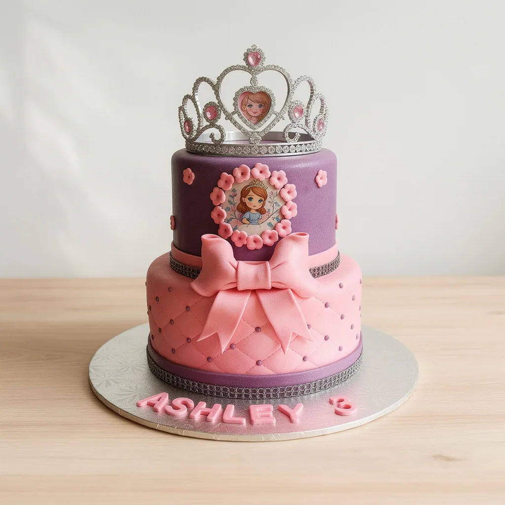 Two-tiered cake decorated in pink and purple fondant with a silver tiara on top