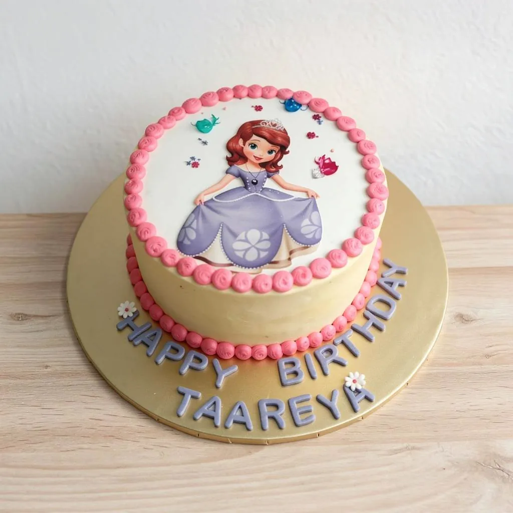 Round birthday cake with a cartoon princess in a purple dress and pink icing borders