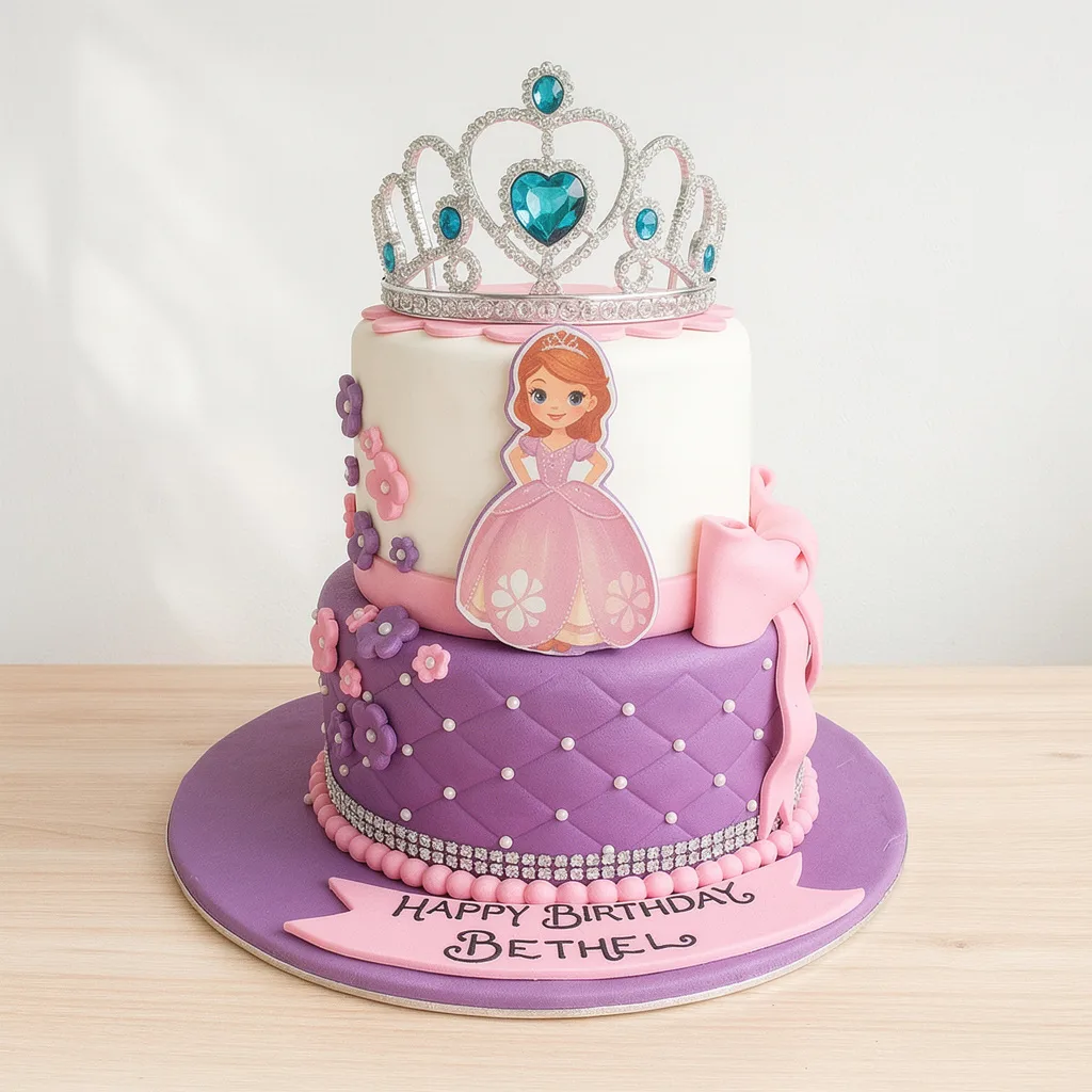 Two-tier purple and white princess-themed birthday cake with a silver tiara topper
