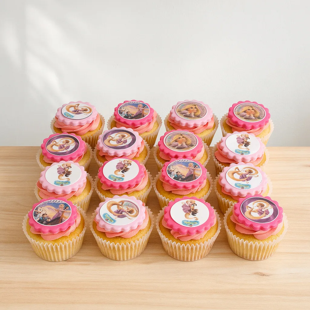 Vanilla cupcakes with pink and magenta icing topped with edible princess character images