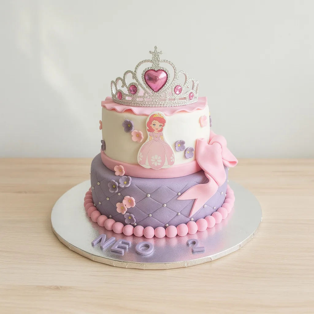 Two-tier cake decorated with purple quilted fondant, pink flowers, a large pink bow, and a princess topper with a tiara