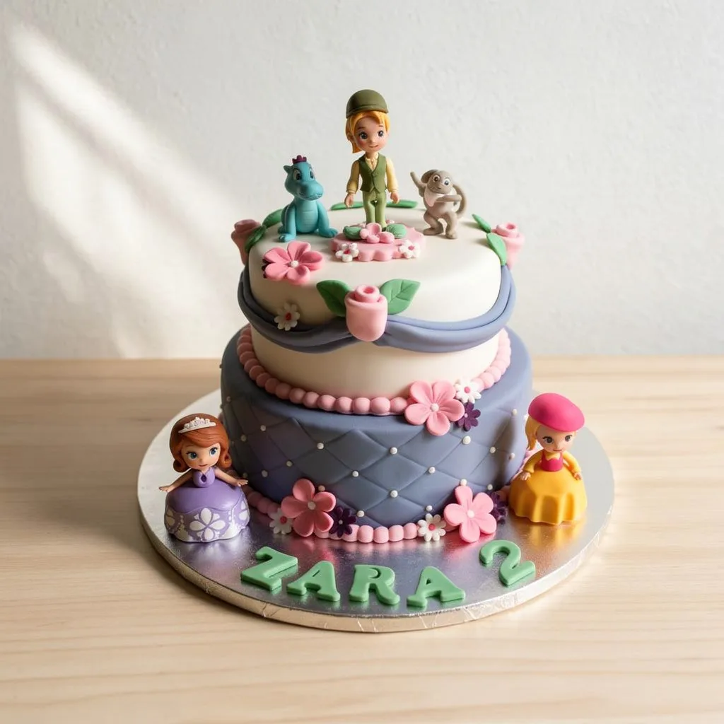Two-tiered cake with pastel pink and purple flowers and princess figurines on and around the cake