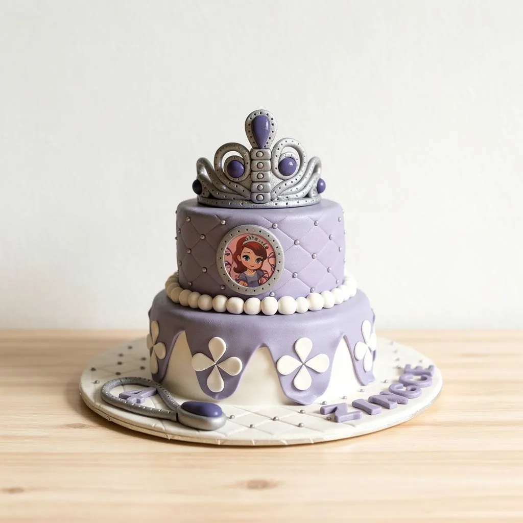 Two-tier cake with a silver and purple tiara topper and cartoon girl emblem