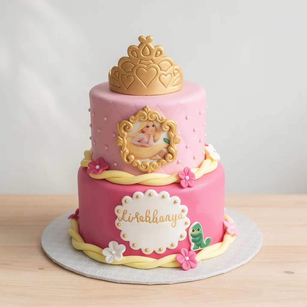 Two-tier pink princess cake with gold tiara topper and flower decorations
