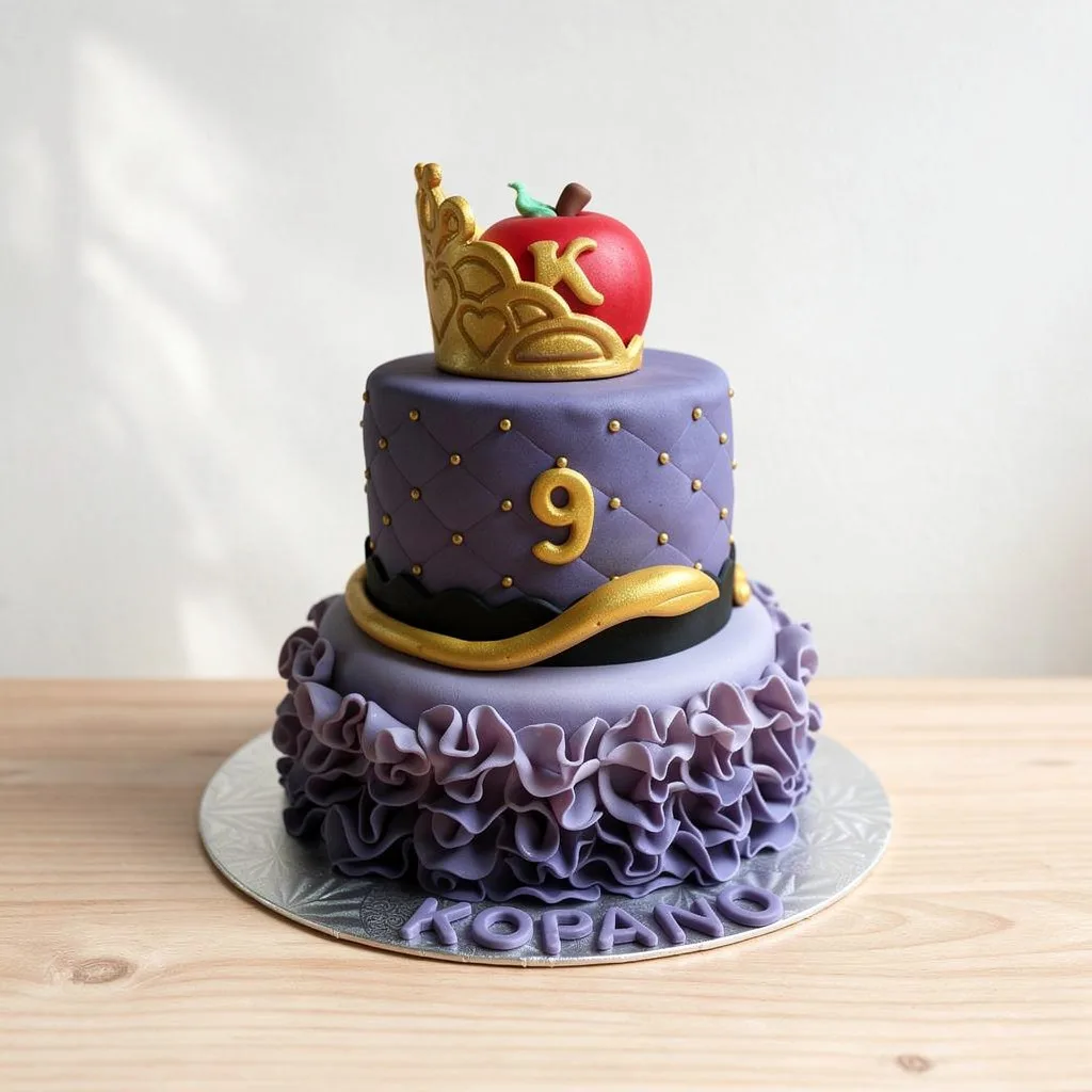 Two-tier purple fondant cake with ruffled bottom tier, quilted top tier, gold number nine, and a red apple with gold crown…