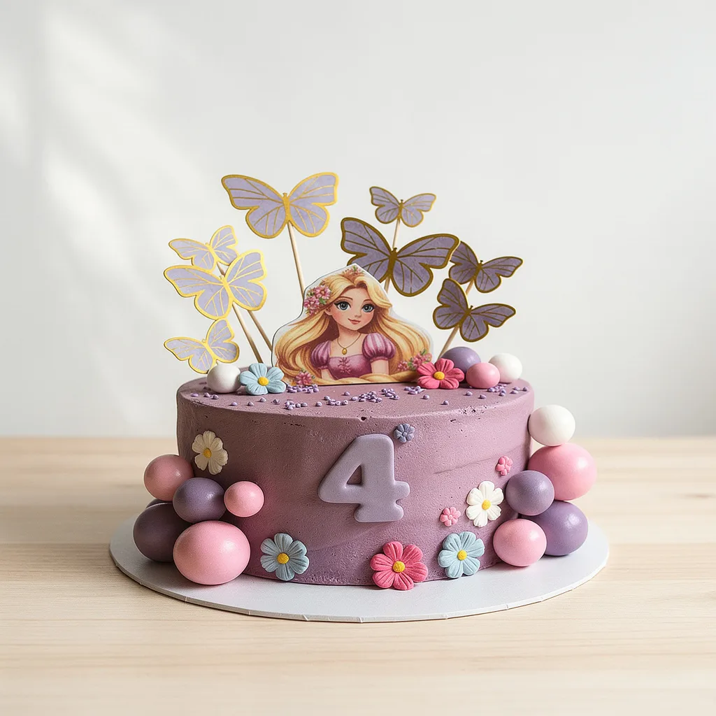 Purple frosted round cake with a cartoon princess topper, butterflies, flowers, and number 4 decoration