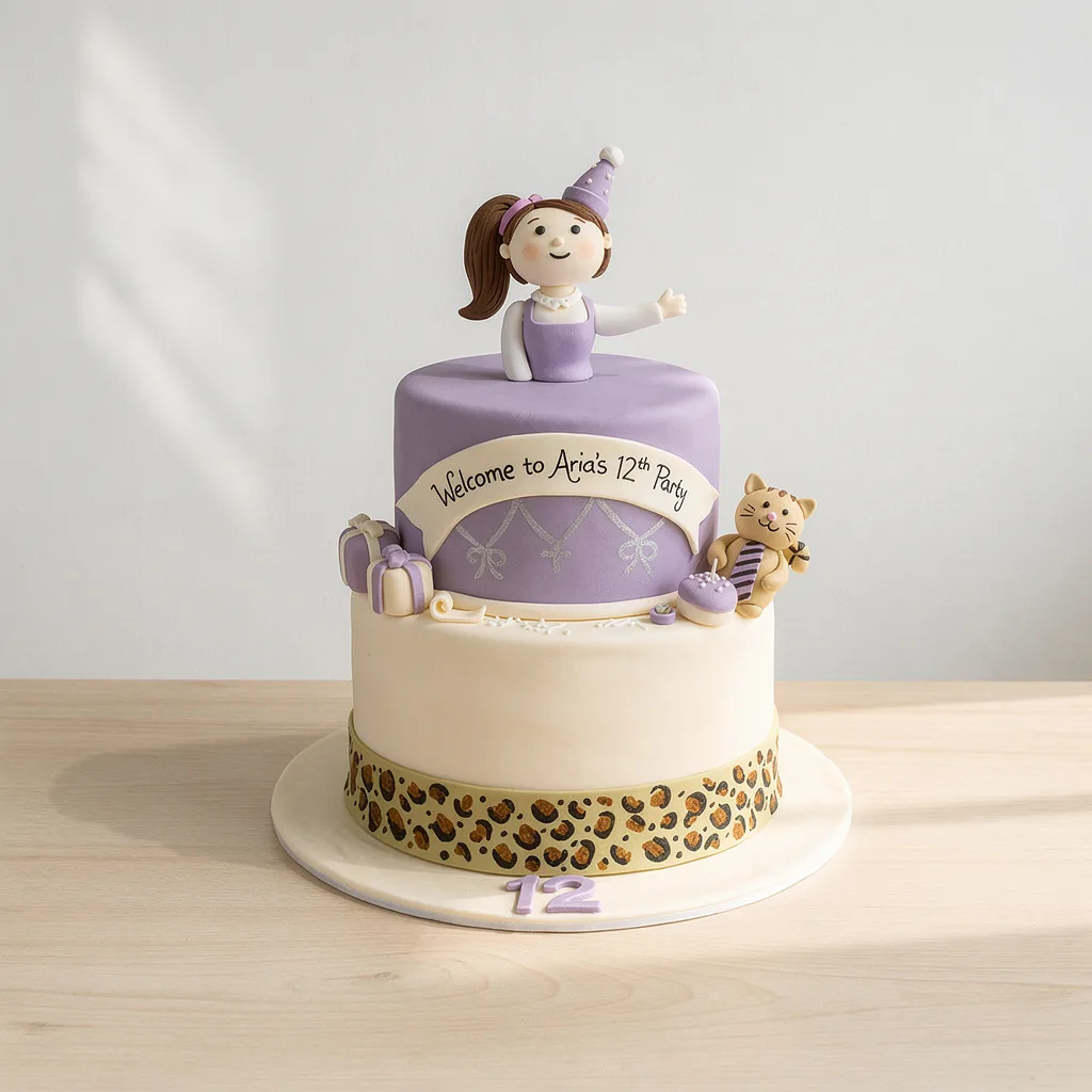 Two-tier birthday cake with purple fondant figure, party hat, leopard print band, and number 12