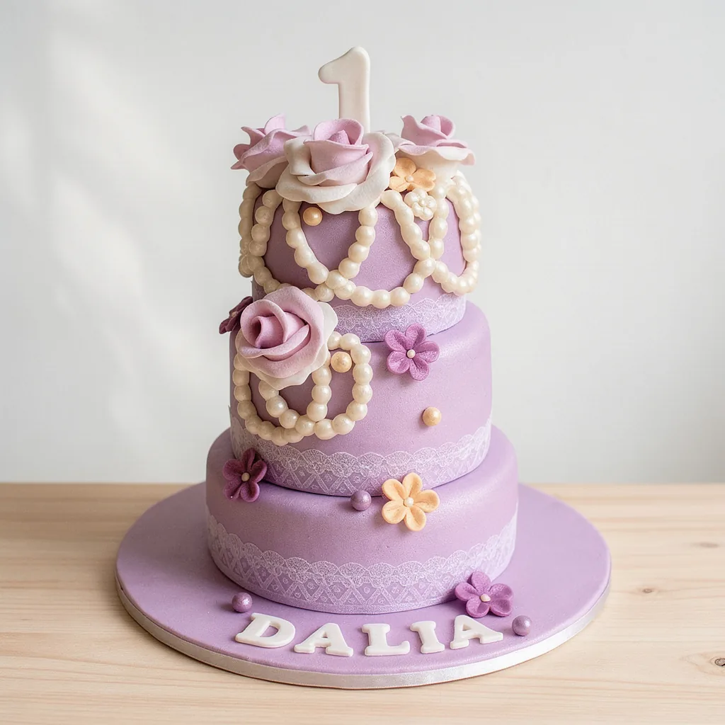 Three-tier purple cake decorated with edible pearls, flowers, lace patterns and a number 1 topper