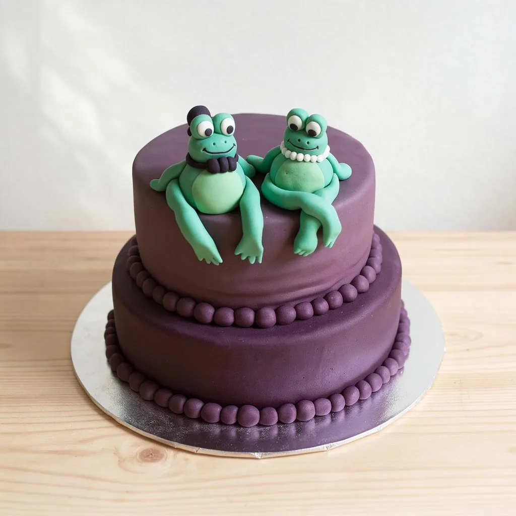 Two-tier purple cake with fondant frogs wearing a top hat and pearl necklace