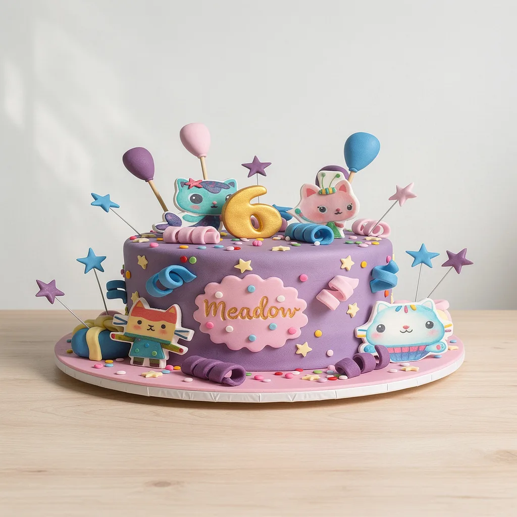 Round purple fondant cake decorated with colorful cartoon kitty faces, balloons, and stars