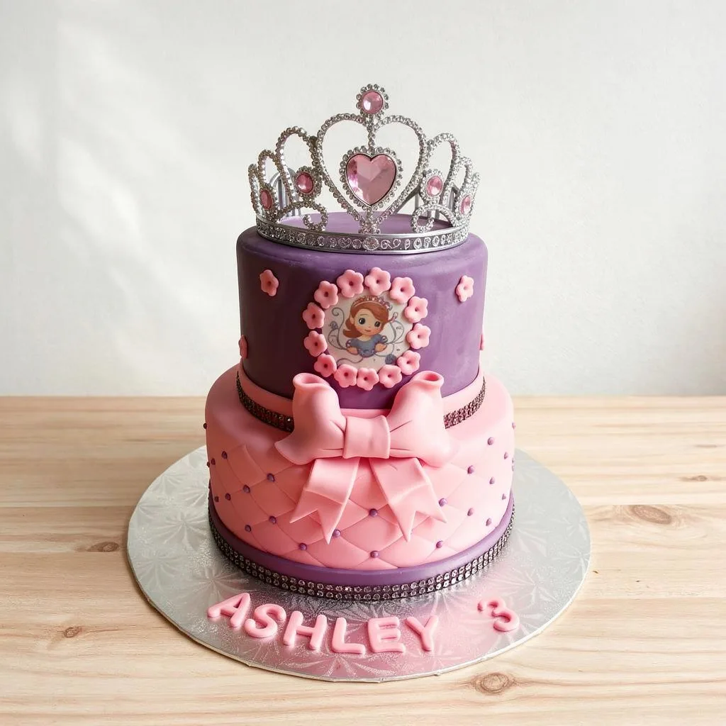 Two-tier purple and pink princess cake with a silver tiara and pink bow decoration
