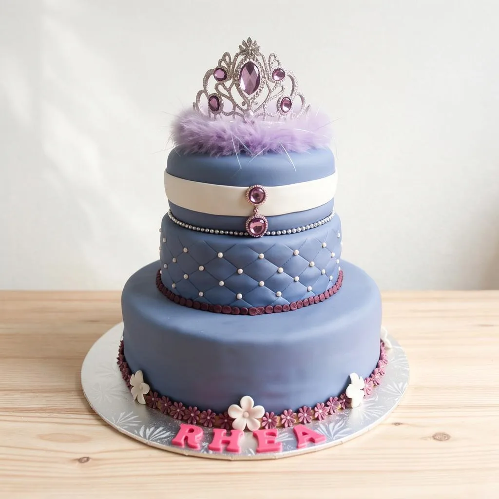 Three-tier purple cake with quilted middle layer, white band, purple jewels, feathers, and tiara topper