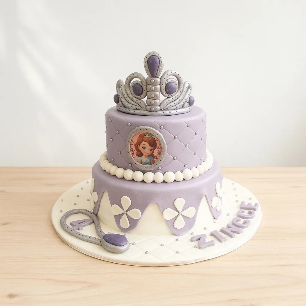 Two-tier purple and white princess-themed cake with a crown topper and floral decorations