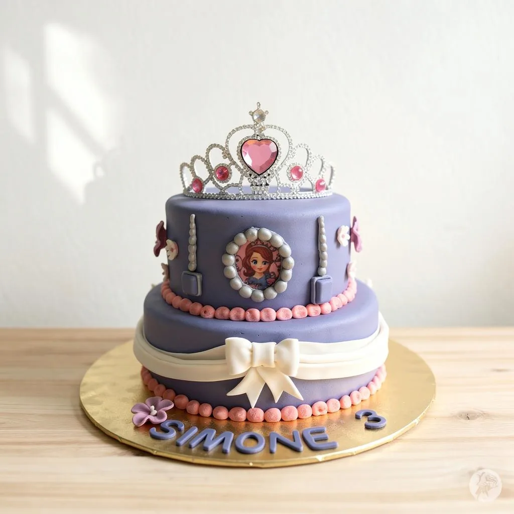 Two-tier purple princess cake with edible picture, white bow, pink bead border, and a jeweled tiara on top