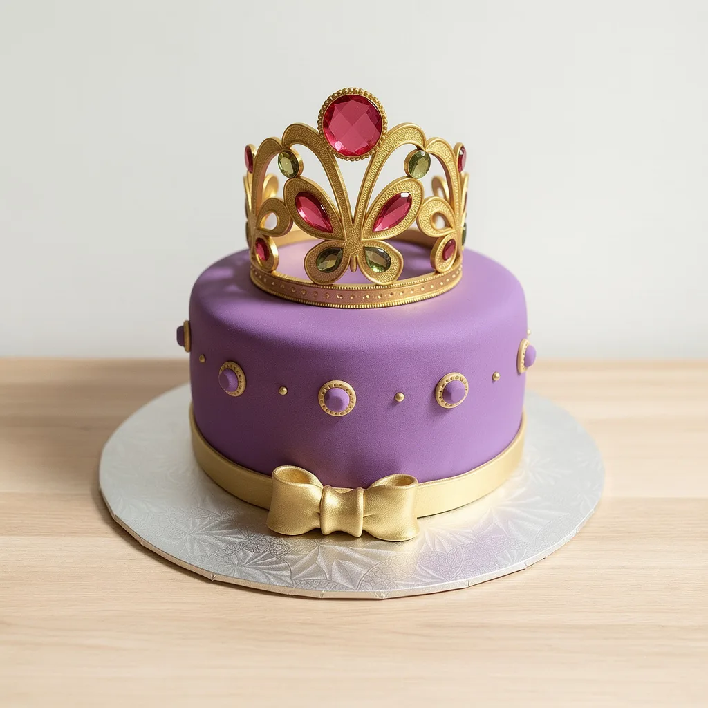 Purple fondant cake decorated with gold bow and golden crown with red and green gems on top