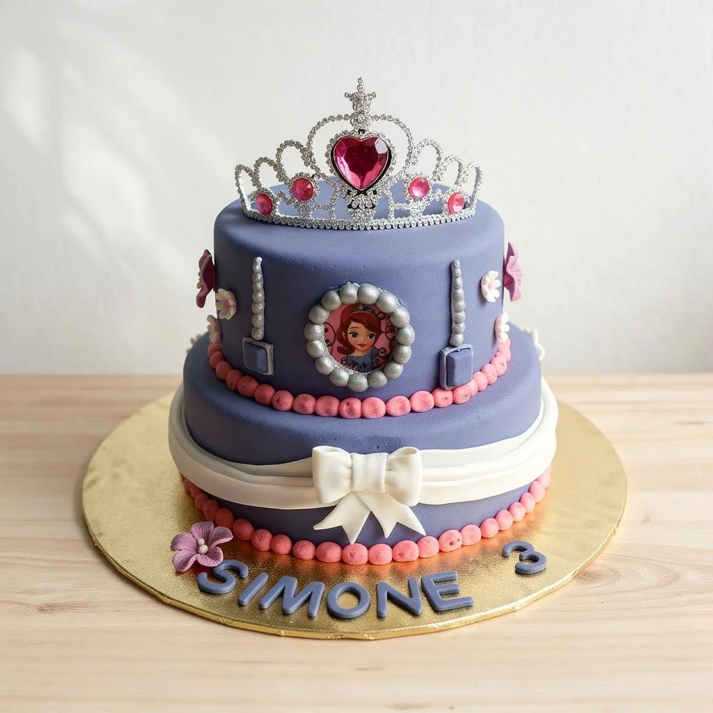 Two-tier purple princess cake decorated with pink beads, white bow, flowers and a silver tiara topper