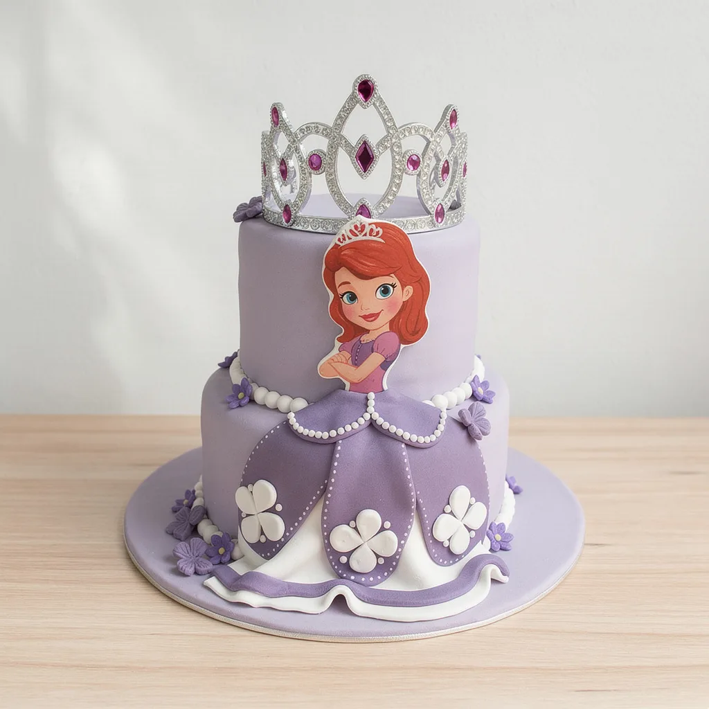 Two-tier lavender cake decorated with a princess character and a jeweled silver tiara topper