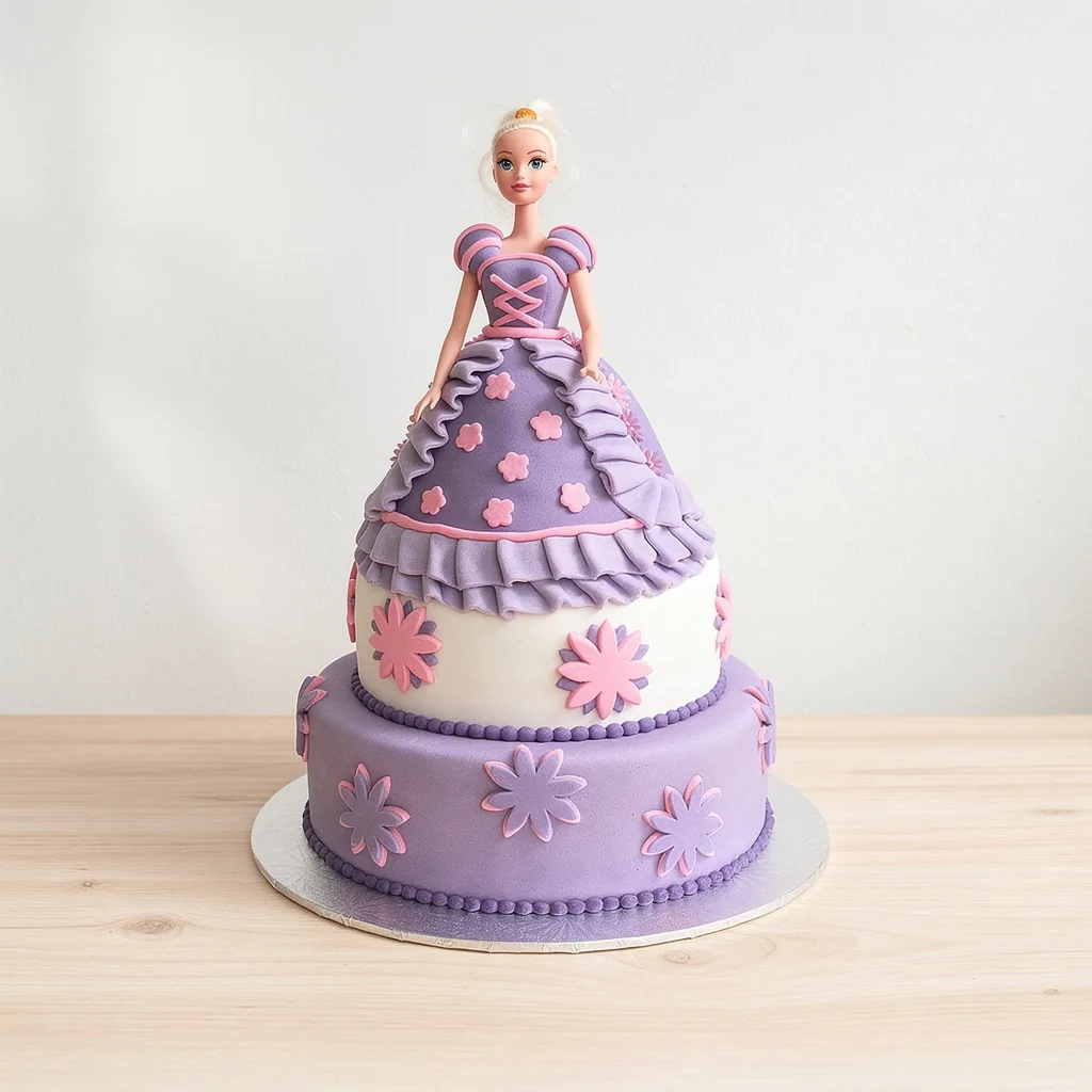 Two-tiered cake with a doll figure wearing a purple and pink dress with floral decorations