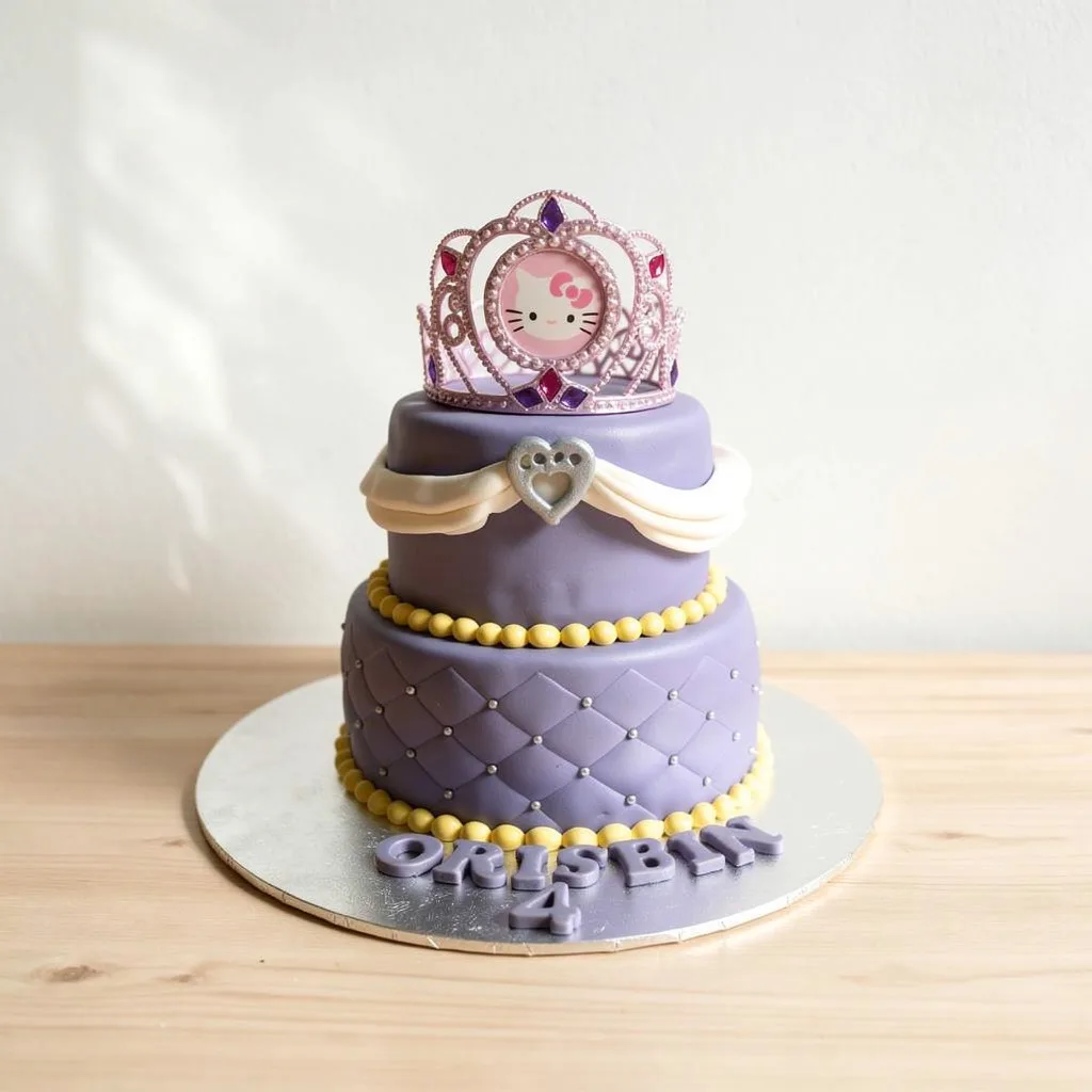 Two-tier purple cake decorated with yellow beads, quilted pattern, and a Hello Kitty tiara topper