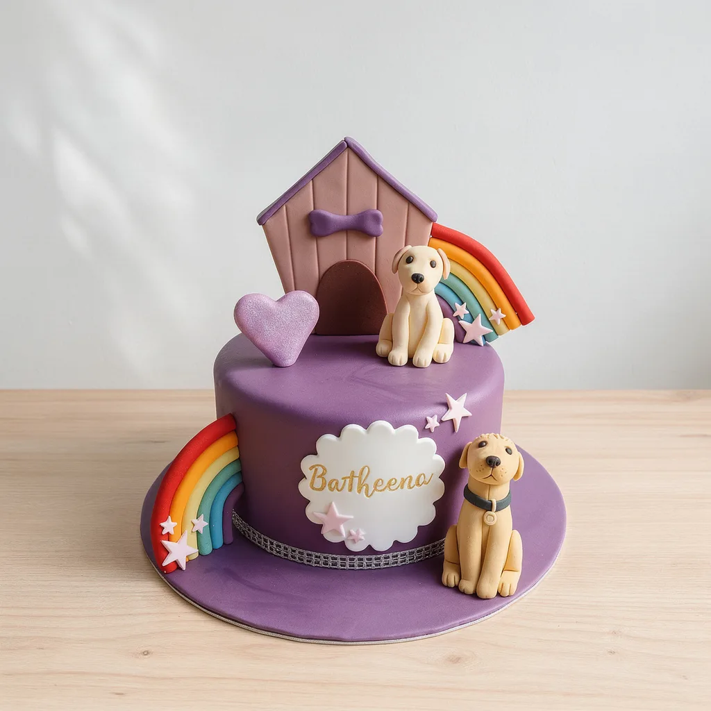 Purple fondant cake with two dog figurines, rainbows, a doghouse, and stars