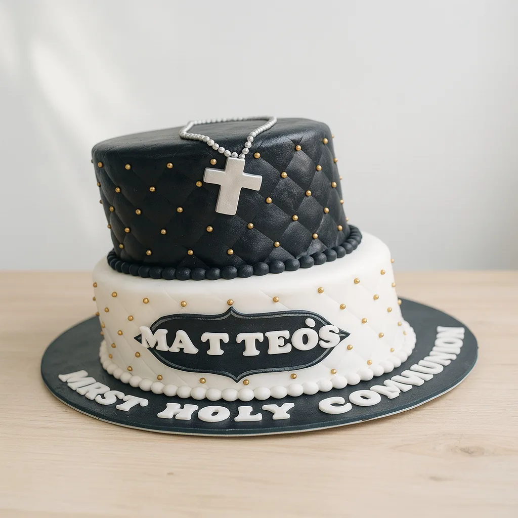 Two-tier black and white quilted cake with gold bead accents and a silver cross decoration