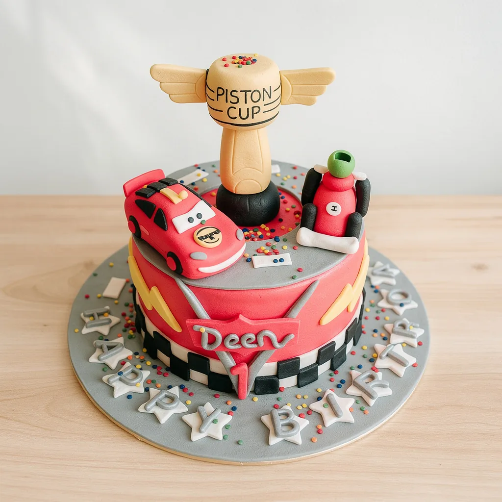 Red and grey racecar-themed cake with a piston cup trophy and confetti decorations