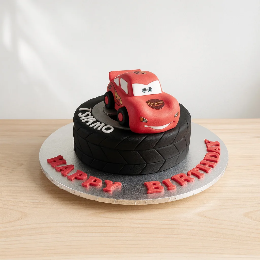 Black tire-shaped cake with a red racecar topper and red happy birthday letters on silver board
