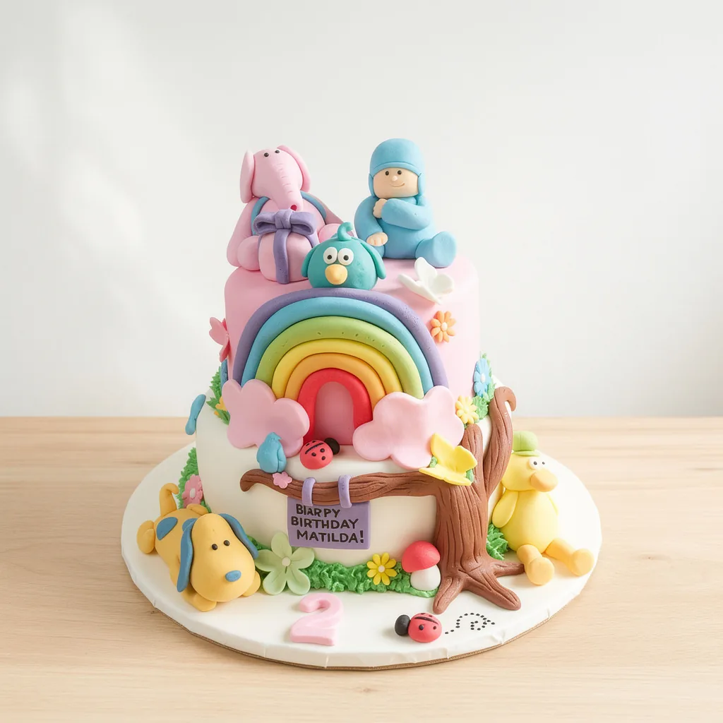 Two-tier cake with colorful rainbow, animal and baby figures, and birthday details.
