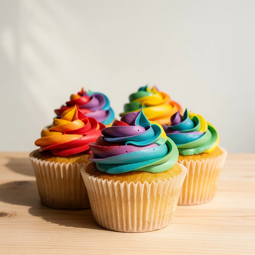 Four vanilla cupcakes with vibrant rainbow-colored swirled frosting on a wooden surface