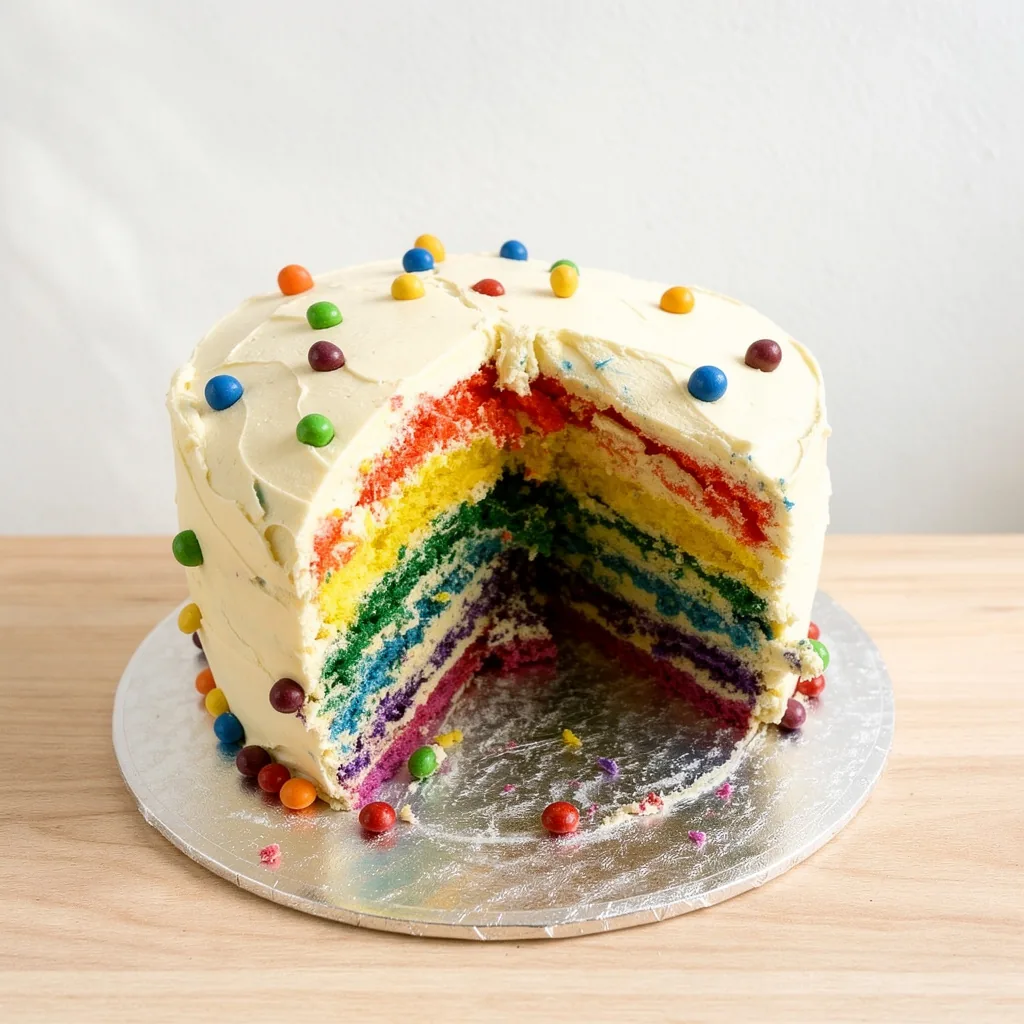 Rainbow layer cake with white frosting and colorful candy decorations