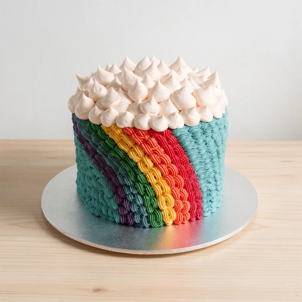 Round cake decorated with blue frosting, rainbow ripples, and white frosting peaks on top