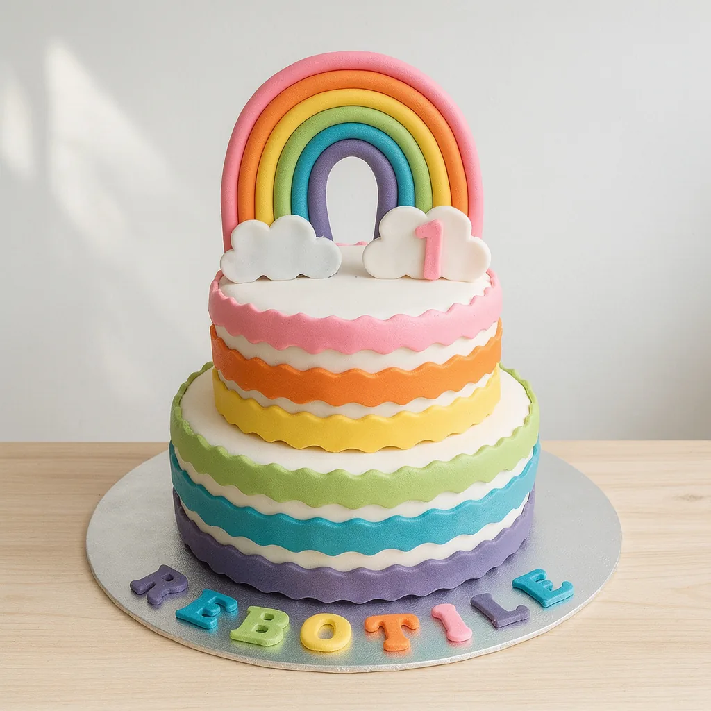 Two-tier cake with colorful wavy stripes and a rainbow topper with clouds and number one