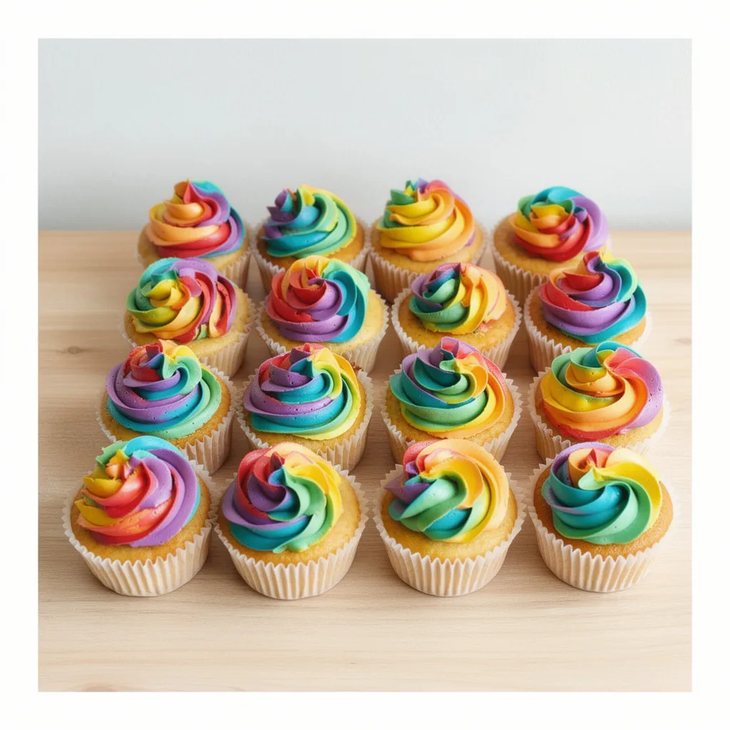 A dozen cupcakes with multicolored rainbow swirl frosting on a wooden surface