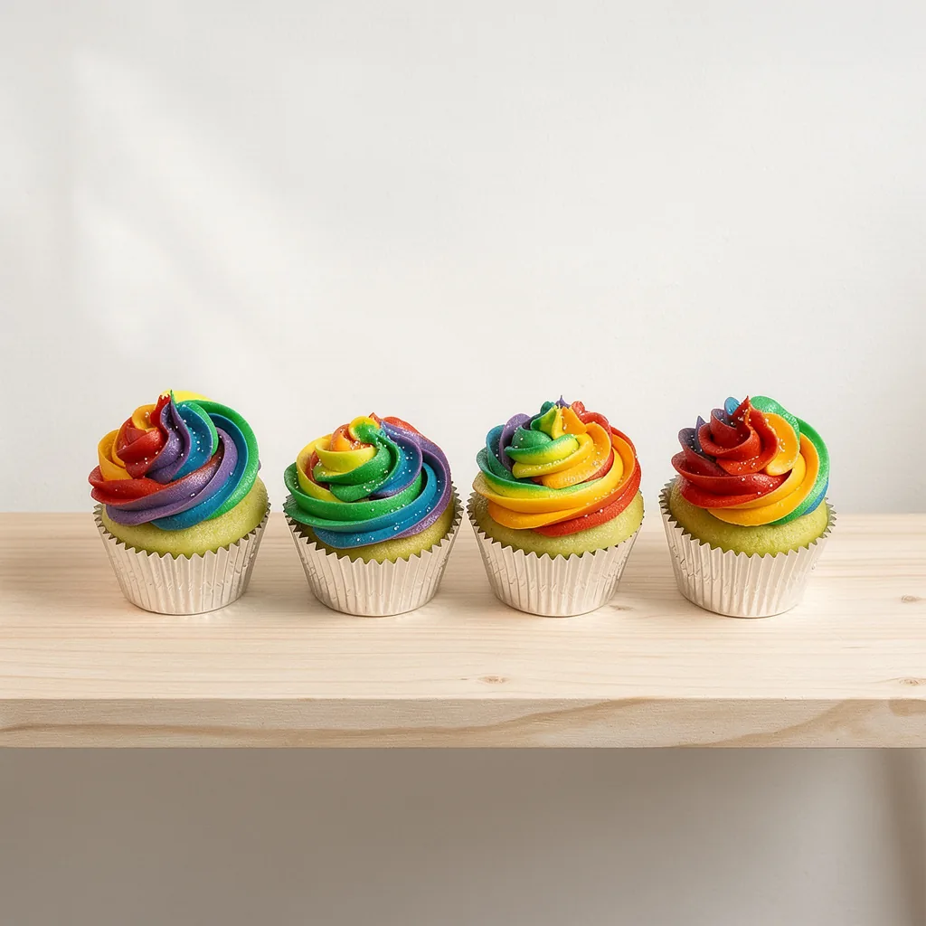 Four cupcakes with rainbow swirl frosting in silver liners on a wooden shelf