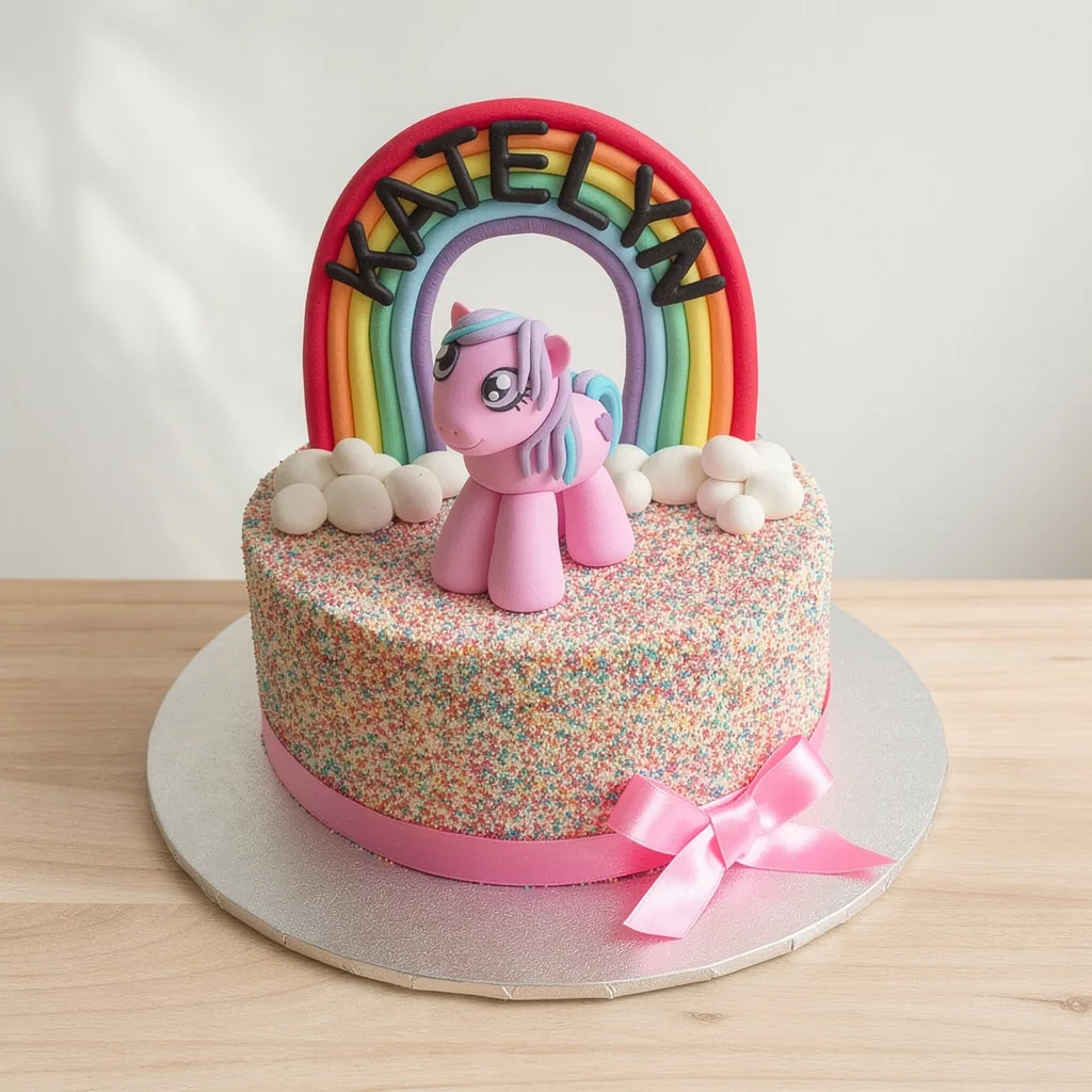 Round cake covered in colorful sprinkles with a pink unicorn figure and rainbow topper