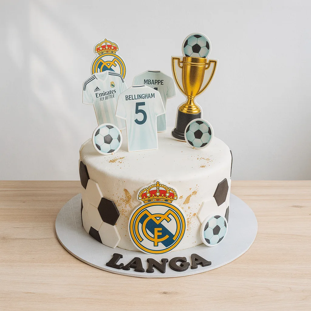 White football-themed cake decorated with Real Madrid logos, black and white soccer ball hexagons, small football toppers,…