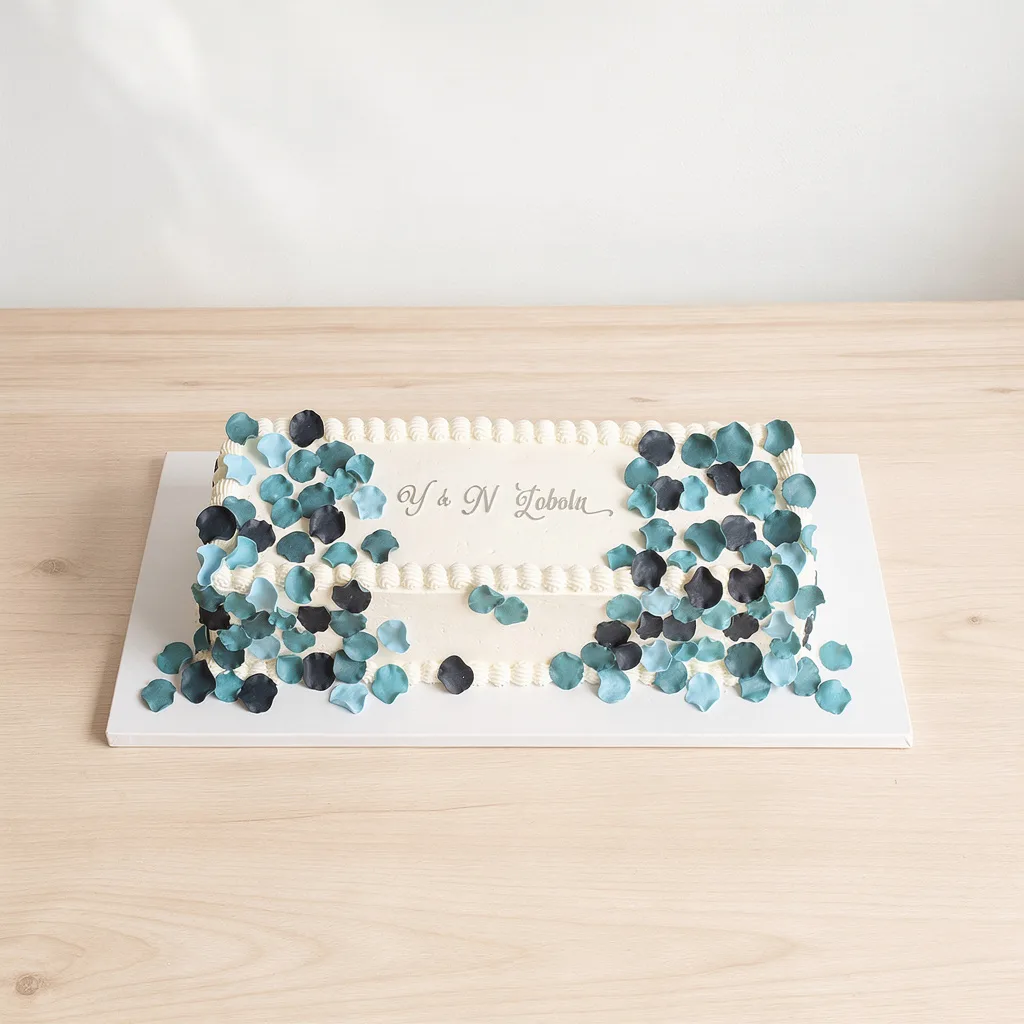 Rectangular white cake decorated with scattered teal and dark blue edible petals