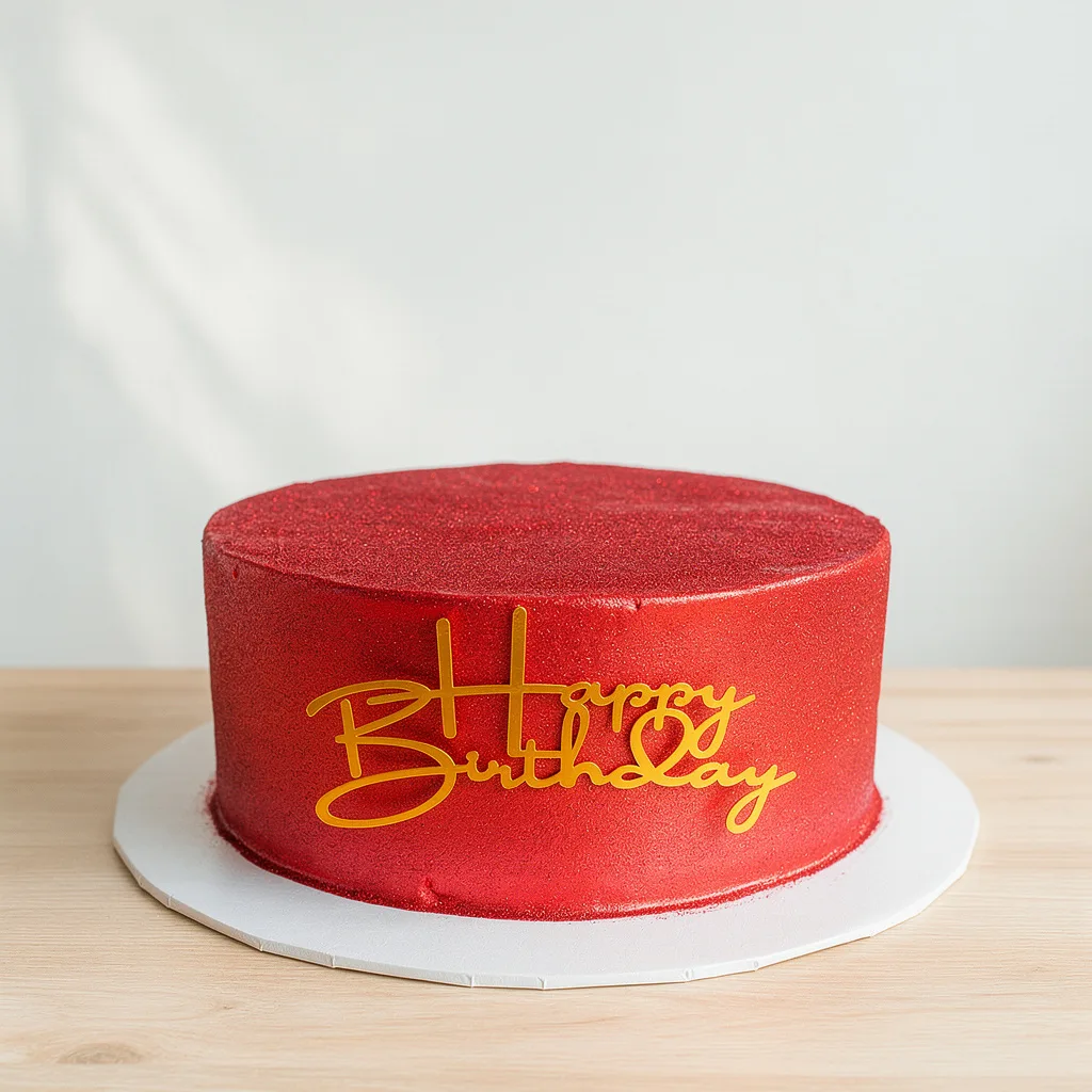 Round red birthday cake with smooth frosting and a gold Happy Birthday topper