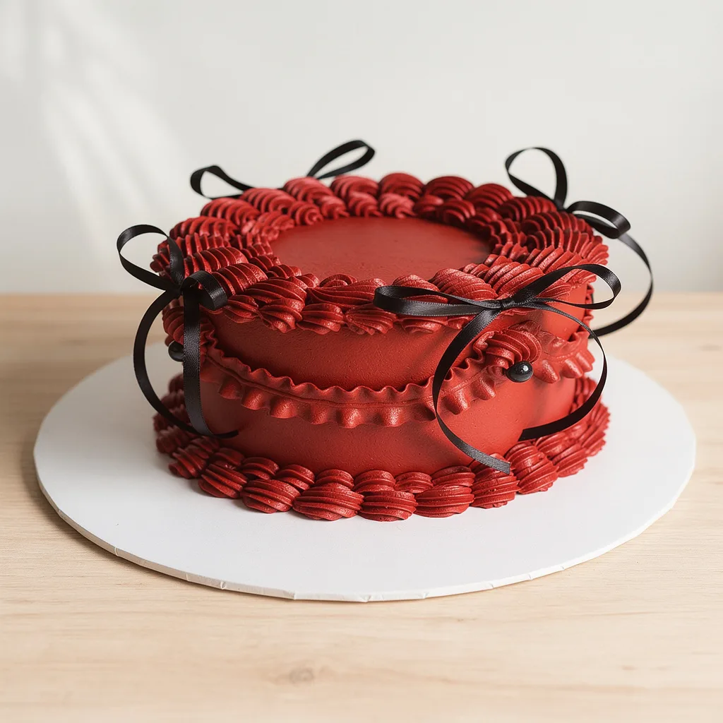 Round red cake decorated with ruffled icing and black ribbon bows