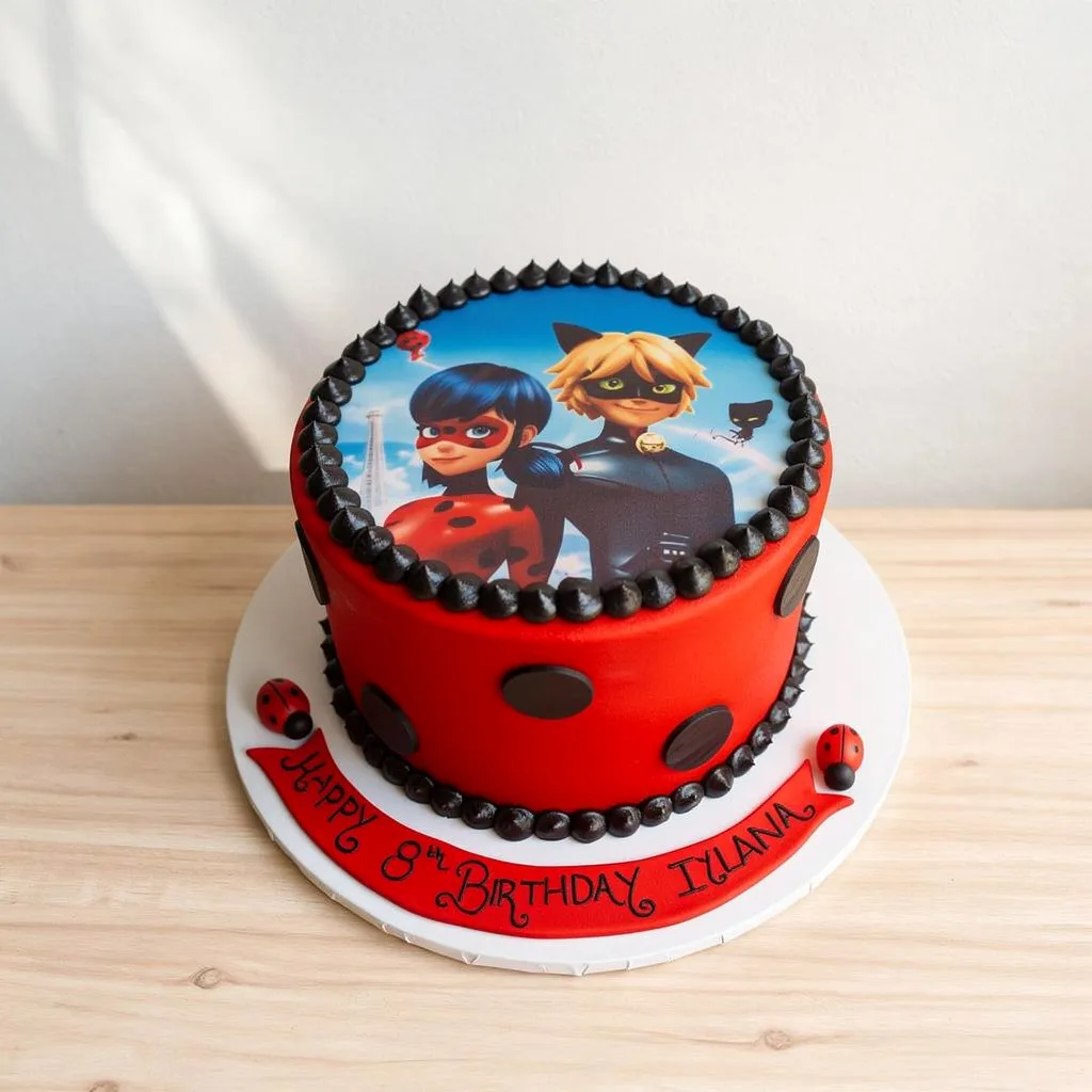 Round red birthday cake with black polka dots and edible image of ladybug and cat-themed superheroes