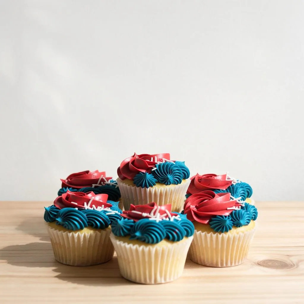 Vanilla cupcakes with red and blue swirled frosting topped with white sprinkles