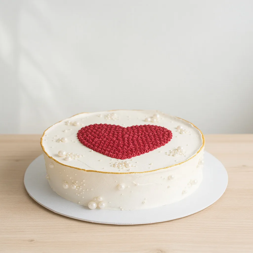 Round white cake decorated with a textured red heart and white pearls with gold trim