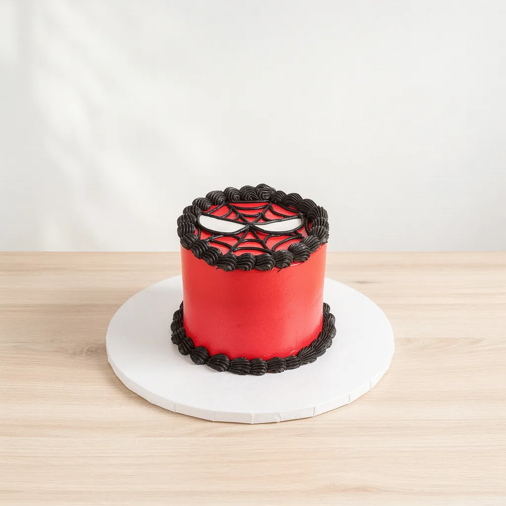 Round red cake with black spider web and white eyes decoration on top