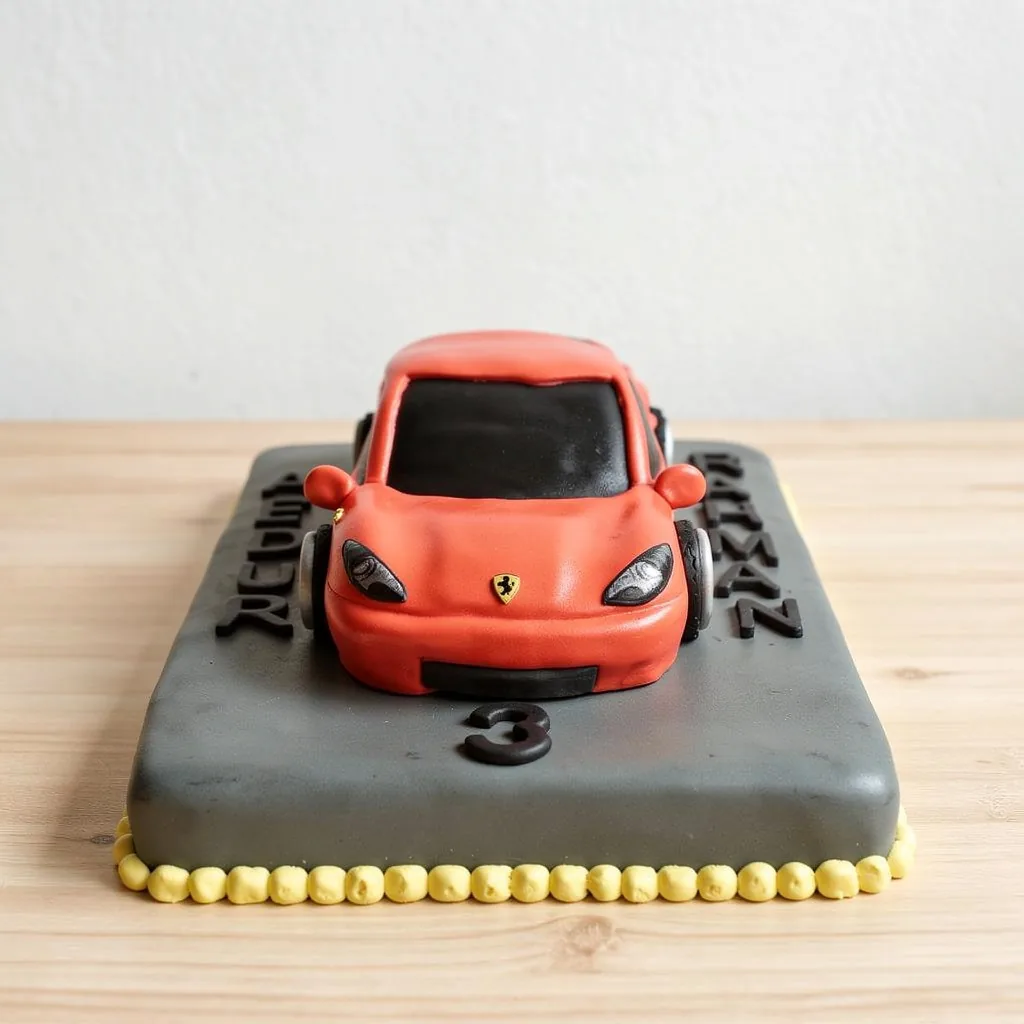Red sports car shaped cake on a grey base with yellow border details